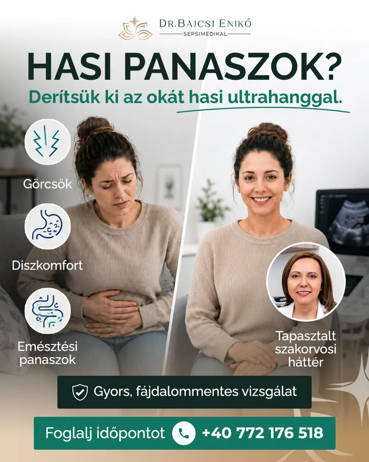 Magánklinika hirdetés kreatív előtte és utána koncepcióval, hasi ultrahangra