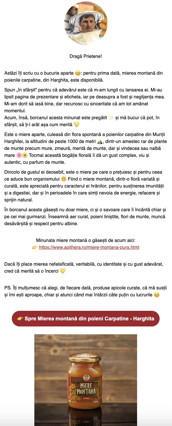 Apithera email: személyes, storytelling hangvételű hírlevél egy új mézről, termékfotóval