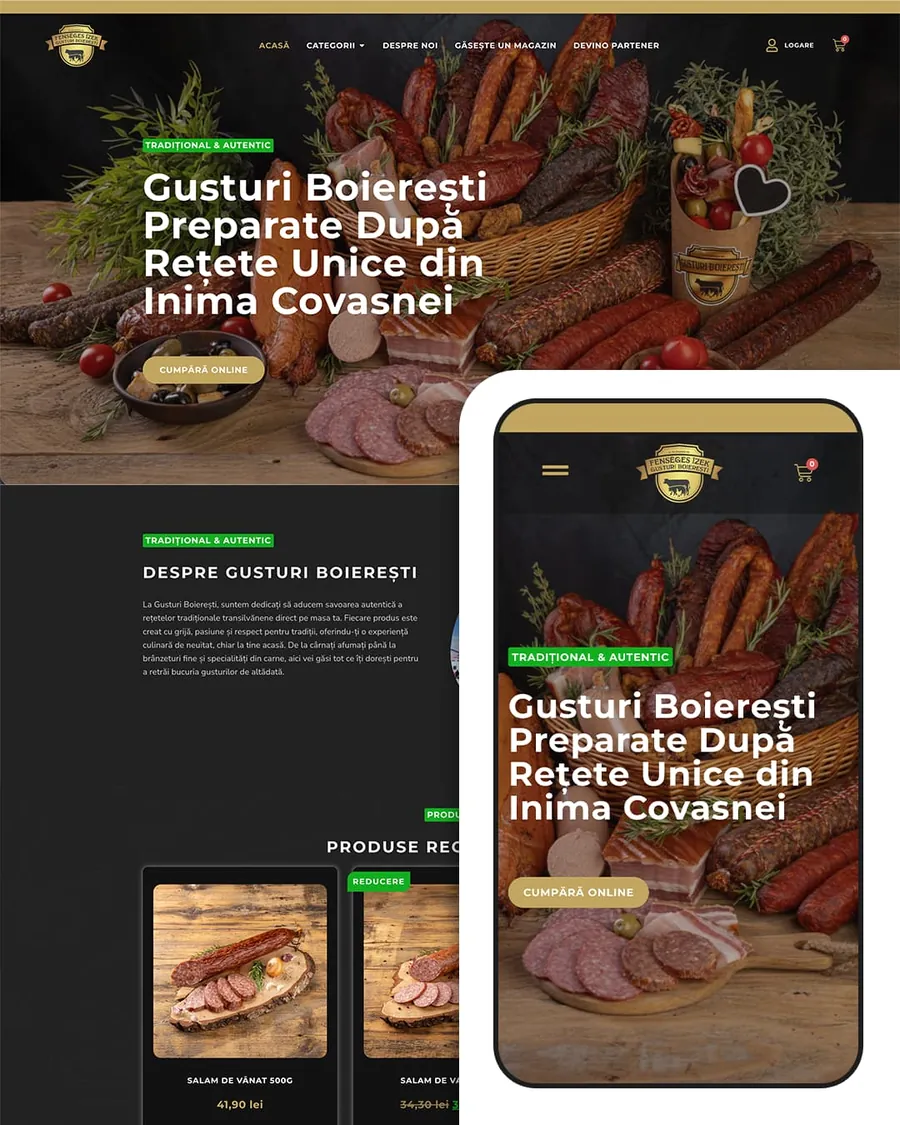 Gusturi Boierești élelmiszer webshop, desktop és mobil nézet